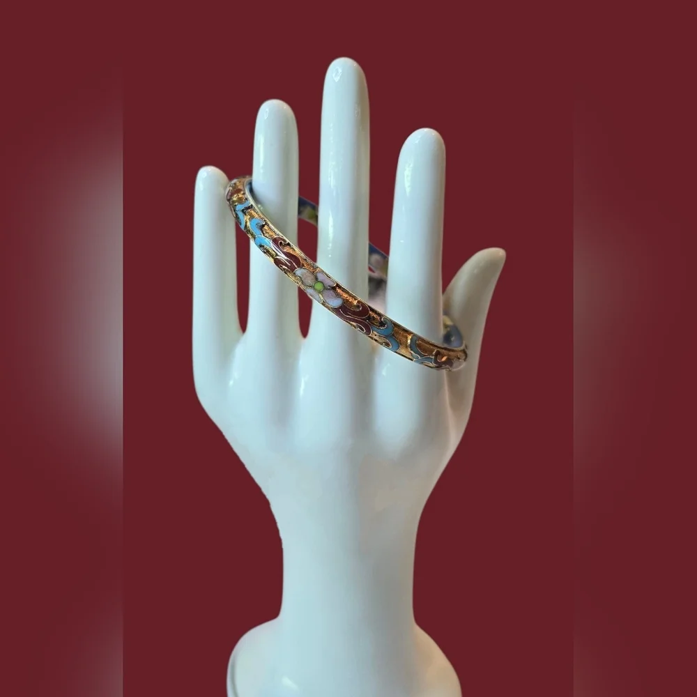 Vintage Cloisonne Open Face Bangle Bracelet - Picture 5 of 7